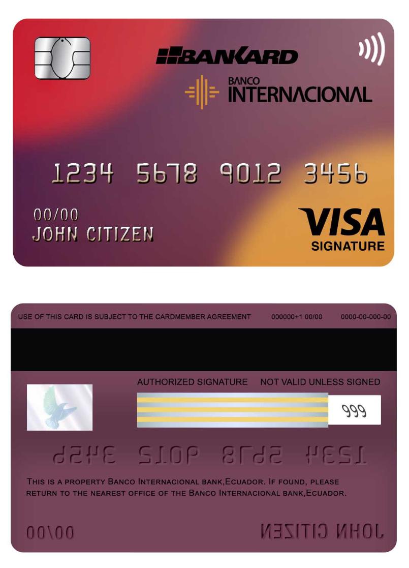 Ecuador Banco Internacional bank visa signature card screen
